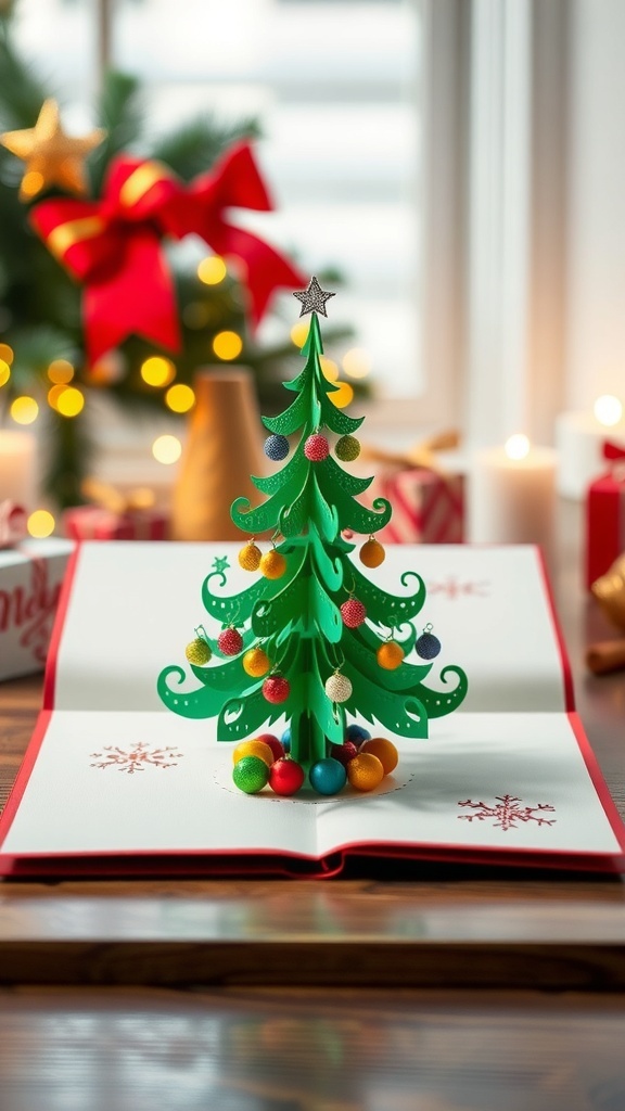 Handmade pop-up Christmas card with a green tree and colorful decorations on a wooden table.
